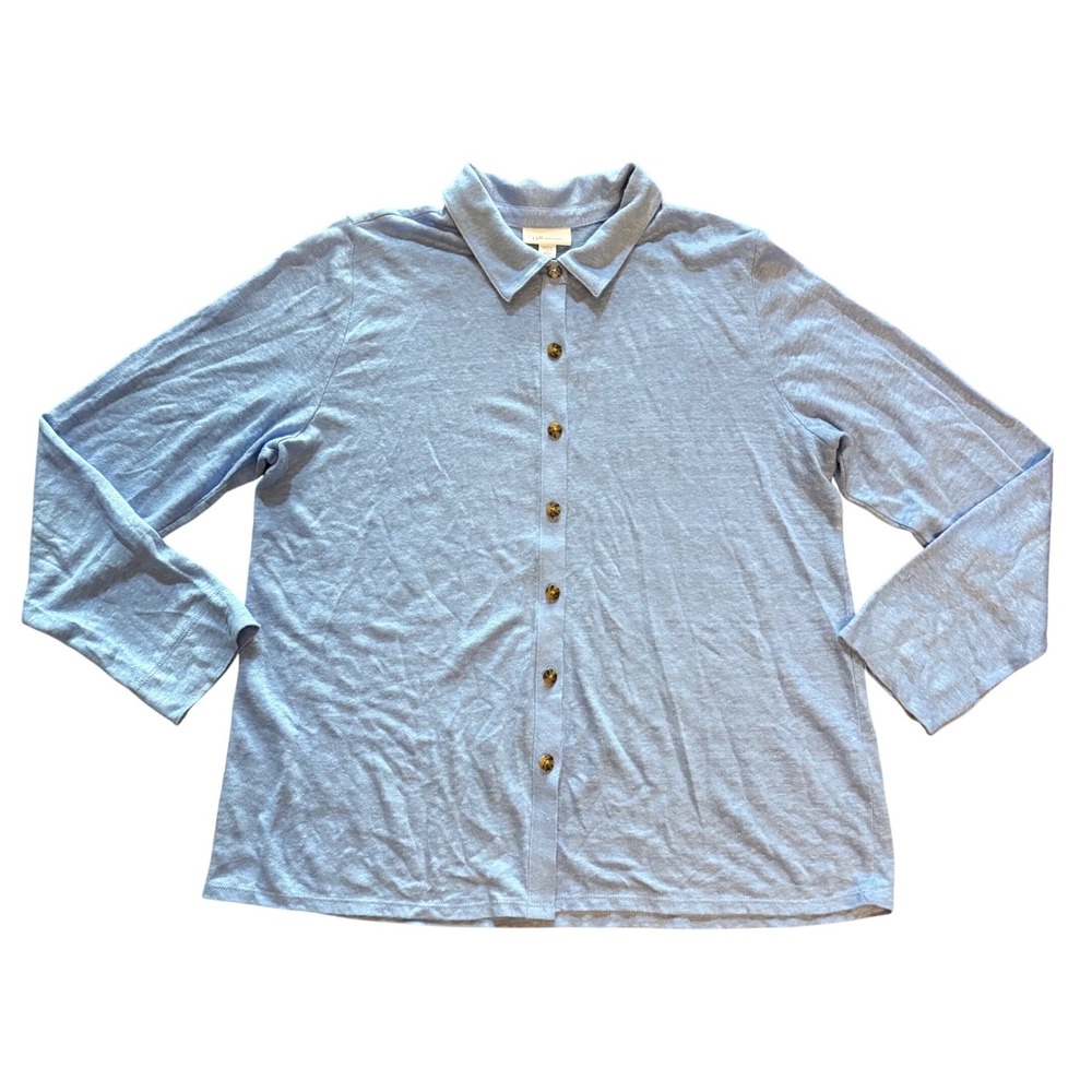 J. Jill Love Linen Blue Button Down Shirt Women M Petite 100% Linen Long Sleeve